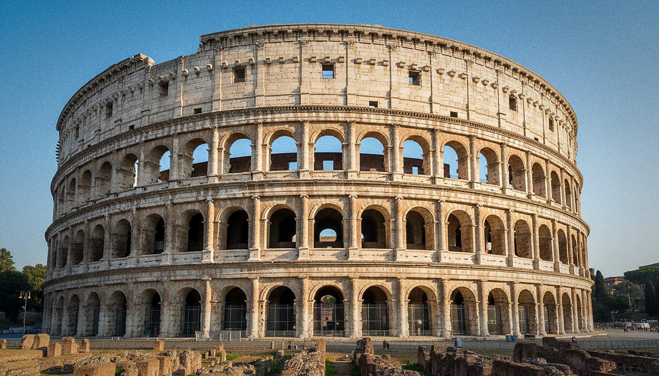 Arcos de piedra travertino de un gran anfiteatro romano, sin personas